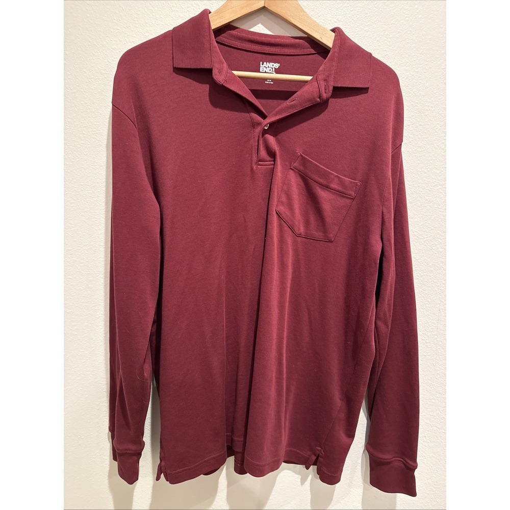 LANDS' END Mens Traditional Fit Large Burgundy Soft Cotton LS Polo Shirt